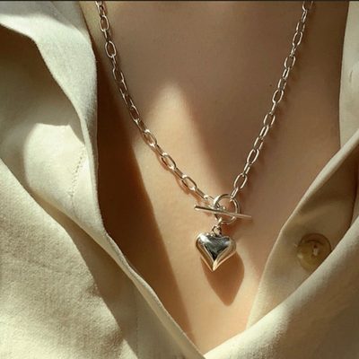 Jewelry Korean-Style Sweet and Cool Personality 3D Heart Ot Buckle Necklace for