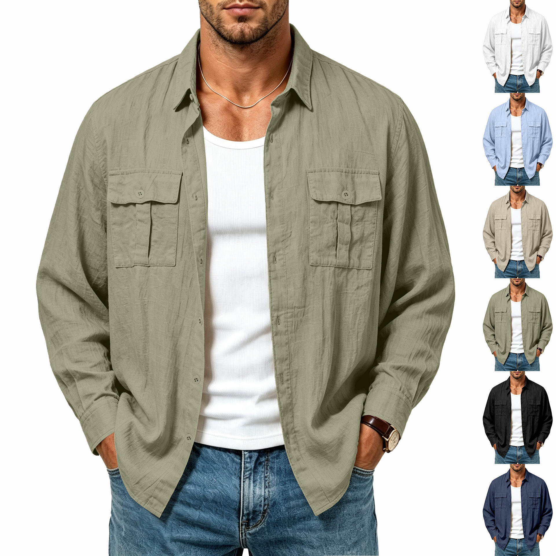 Mens Clothing Cross-border European American Amazon Men's Linen Multi Pocket Jac