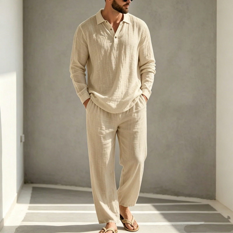 Mens Clothing Cross-border European American Autumn Linen Men's Casual Set Loose