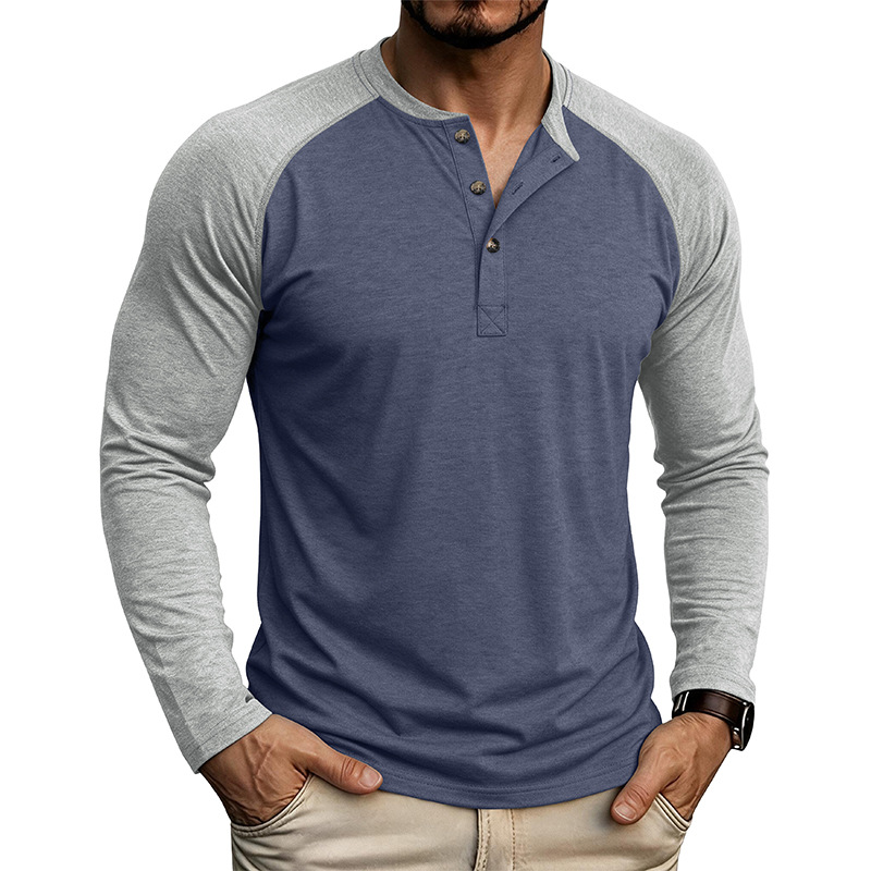 Mens Clothing Cross-border European American Men's Long Sleeve Two-tone Henley S