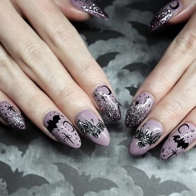 Almond-Shaped Halloween Wearable Star and Moon Bat Gradient Glitter Manicure Hol