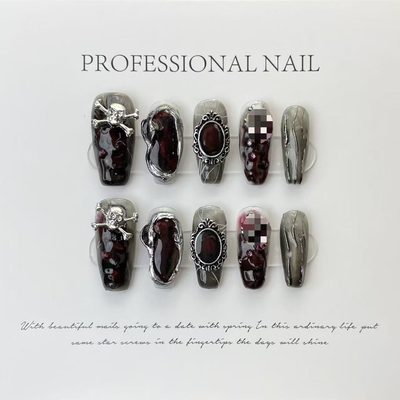 Nail Art Dark Halloween Skull Cross Dark Red European and American Style Handmad