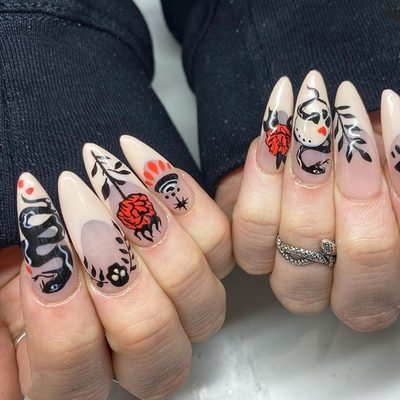Nail Art Dark Snake Rose Manicure Black Almond Nails Sweet Cool Fashion European