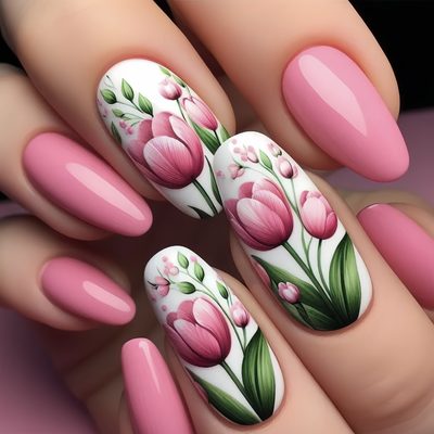 Fashion European and American Ins Style Round Head Almond Nails Pink Flower Patt
