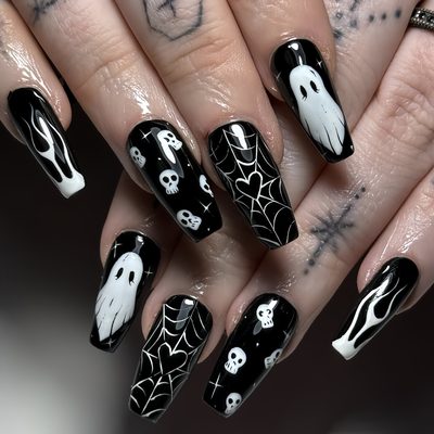 Nail Art Halloween Glossy Wearable Nails White Ghost Flame Skull Manicure Holida