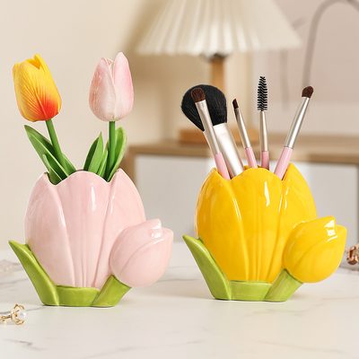 Office Supplies Tulip Flower Ceramic Vase Cute Ornaments Living Room Flower Arra