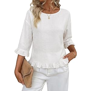 siliteelon Womens 3/4 Sleeve Tops Summer Ruffle Dressy Casual Blouses | Crew Neck Flowy Three Quarter Tops Linen Summer Sprin