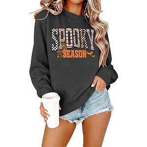 ASTANFY Halloween Sweatshirts for Women : Spooky Season Ghost Sweatershirt | Spooky Pullover, Pumpkin Striped Glitter Patch O