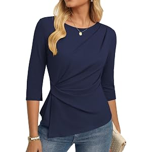 GRACE KARIN Women's Summer Peplum Tops, Dressy Casual Shirt Navy Blue L | 3/4 Sleeve Trendy Work Shirts, 2026 Business Ruched