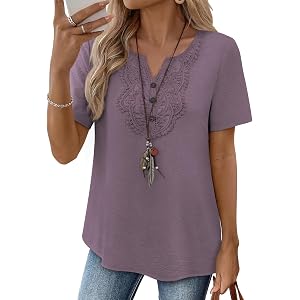Falechay Womens Short Sleeve Boho Tops Casual Lace V Neck Button Shirts