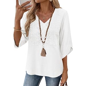 Rapbin Womens 3/4 Sleeve Tops Embroidered Lace Blouses Boho Summer Shirt | V Neck, Linen Shirts, Casual Loose Fit, Vacation B