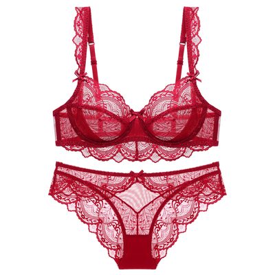 Underwear EU/US Sexy Sheer Lace Bra Lingerie Set for Plus Size Women, Ultra-Thin
