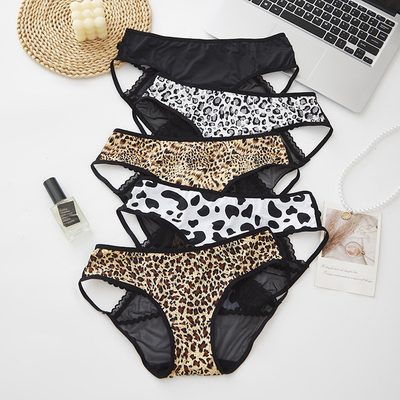 Underwear Women's Leopard Print Low-Rise Hip-Hugging Briefs, Sexy Lace Mesh Shee