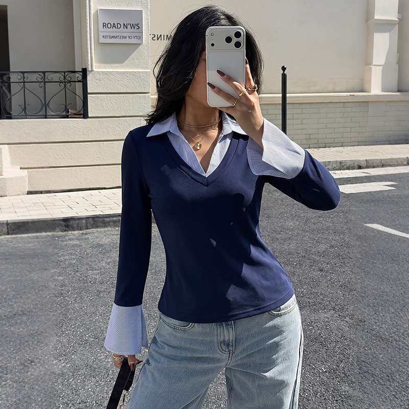 Womens Clothing 2026 Autumn/Winter New Faux Two-Piece Top European American Cros