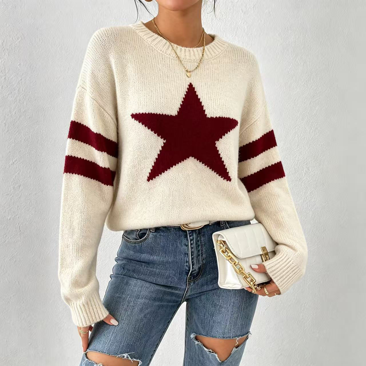 Womens Clothing Cross-Border European & American Women's Five-Point Star Jacquar